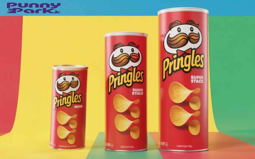 Three red snack cans of different sizes arranged like a family portrait against a bright, colorful background.