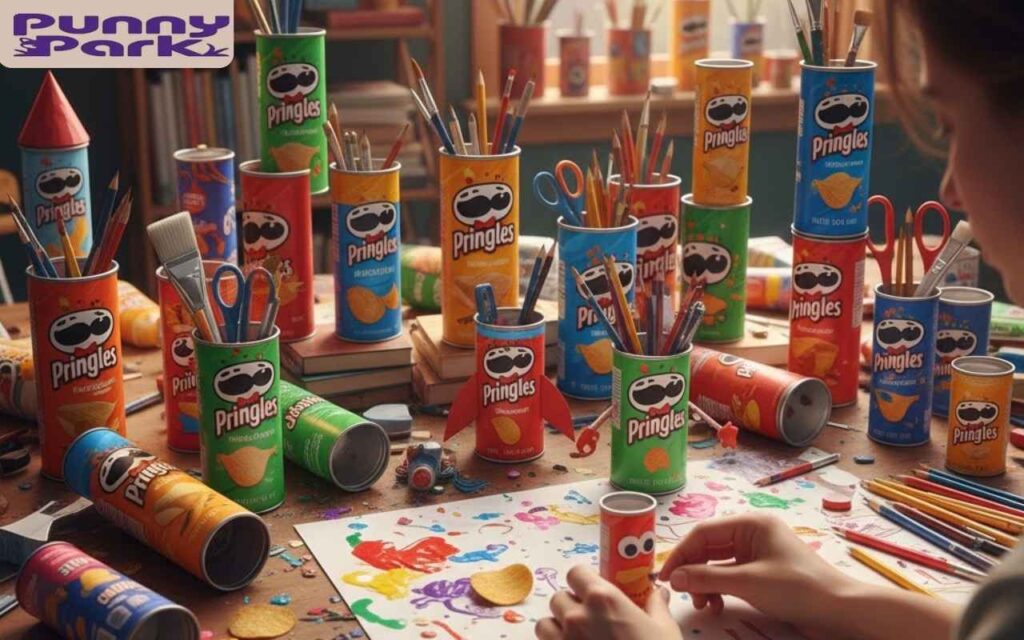 A desk is filled with colorful Pringles cans being used to hold pens and brushes. A person works on a colorful drawing surrounded by these snack cans.