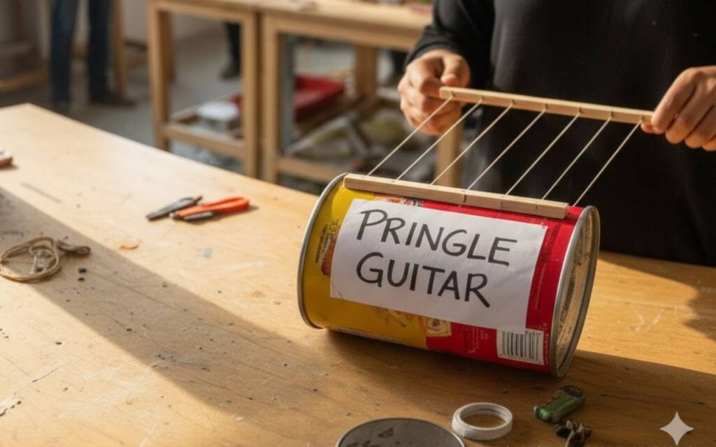 A person holding a handmade guitar made from a Pringles can. The can has strings attached to a wooden neck, sitting on a workshop table.