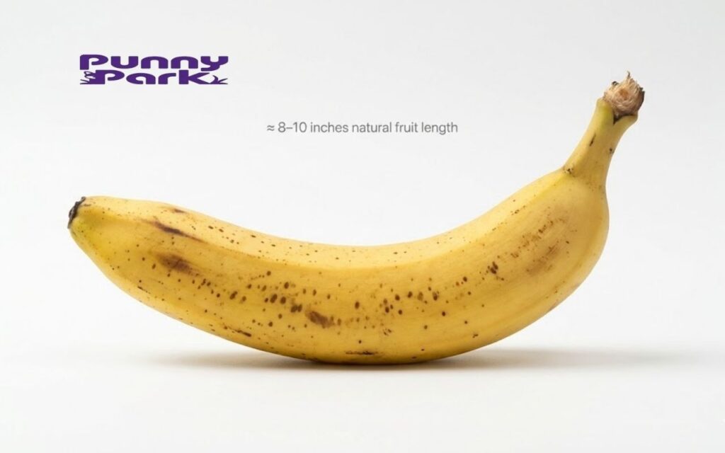 A single yellow banana against a white background with a caption stating its natural length is approximately 8 to10inch.