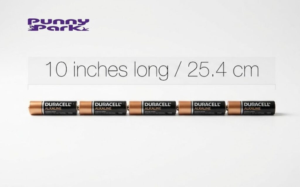 Five AA batteries aligned end to end horizontally, with a floating text reading "10 inches long / 25.4 cm".