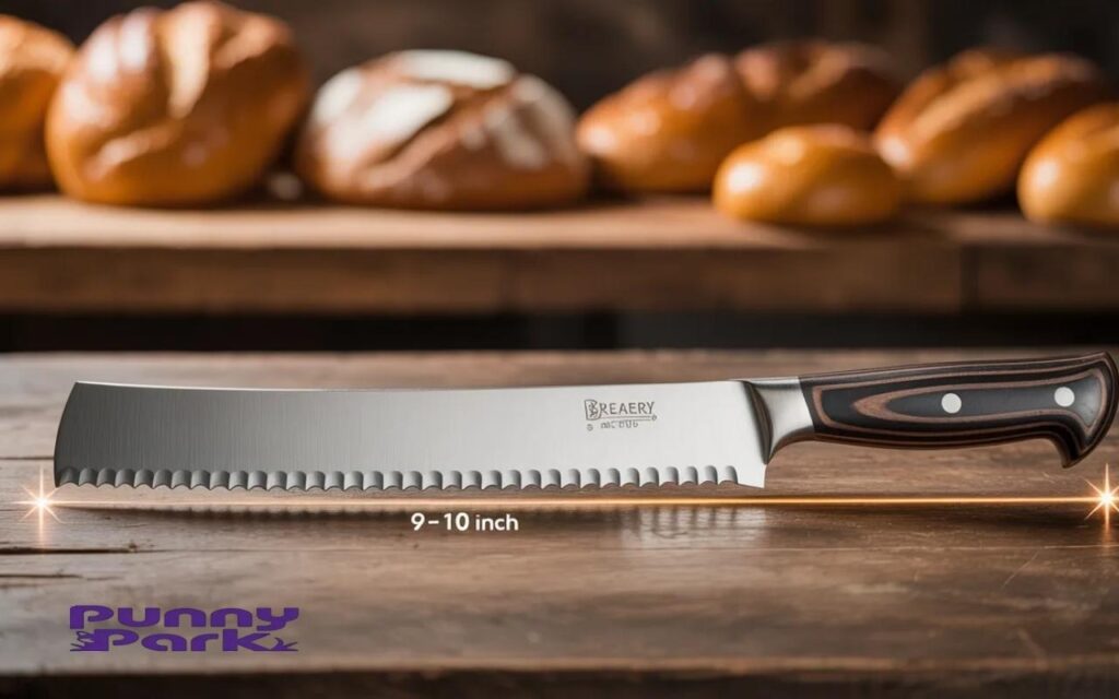 A serrated stainless steel bread knife with a dark wooden handle, featuring a blade length indicated between 9 and 10 inches.