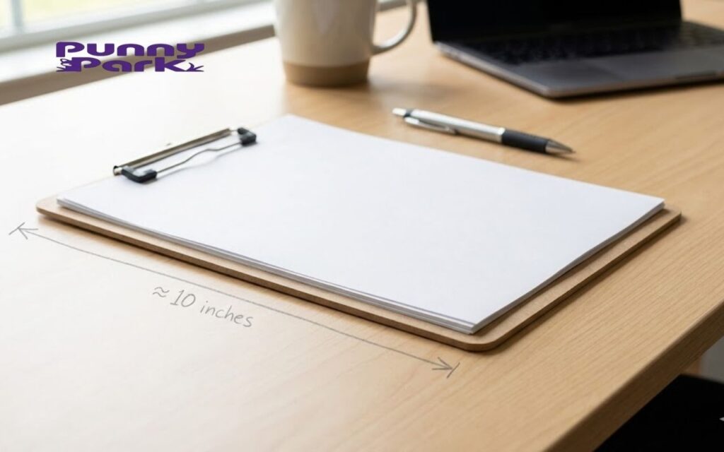 A wooden clipboard holding a stack of white paper on a desk, with a graphic indicating approximately 10 inches.