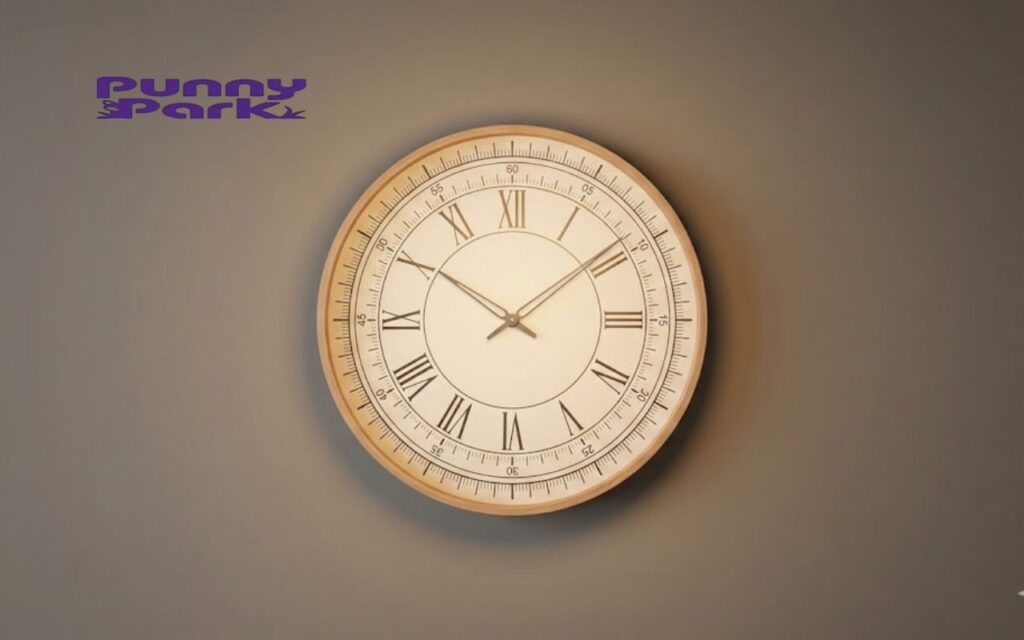 A circular wall clock with Roman numerals and a light wooden frame, approximately 10 inches in diameter.