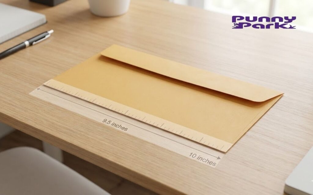 A standard yellow business envelope resting on a wooden desk. A transparent ruler graphic illustrates that its length is approximately 9.5 inch.