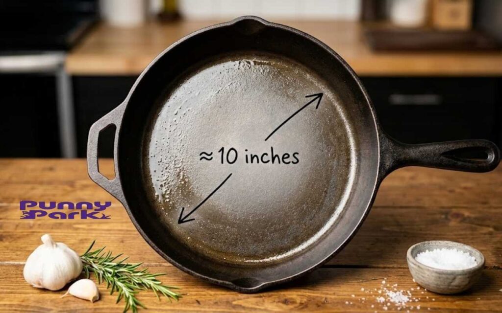 A top-down view of a cast-iron skillet with an arrow across the center marking a diameter of approximately 10 inches.