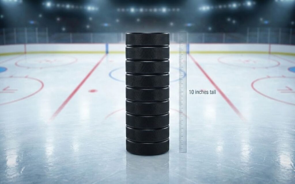 A stack of nine black hockey pucks on an ice rink, standing 10 inches tall according to an adjacent ruler.