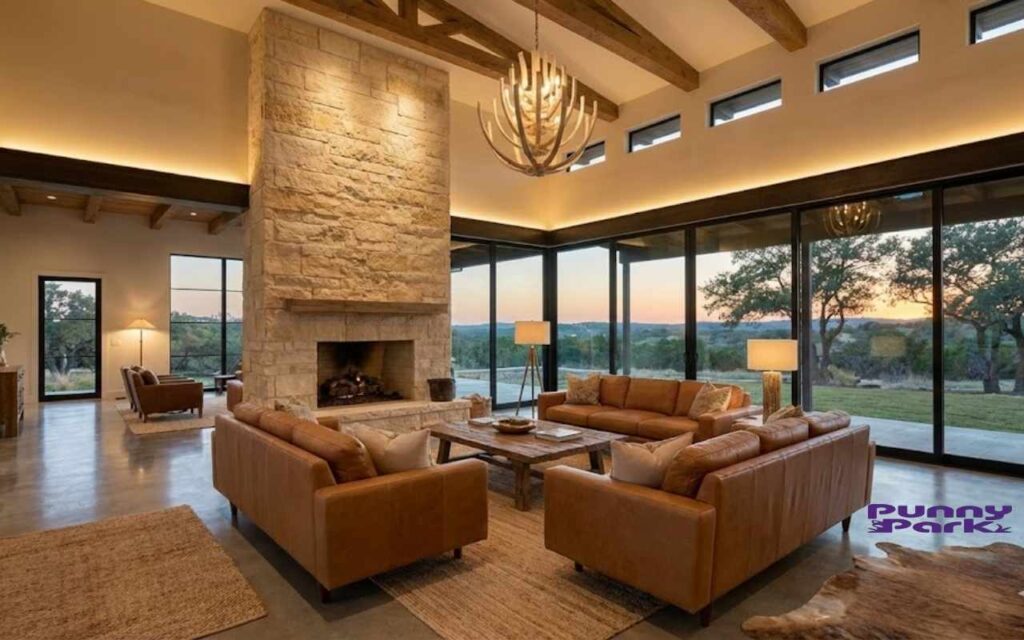 A living room features a tall stone fireplace and high ceilings. Brown leather sofas sit facing a wall of large glass windows.