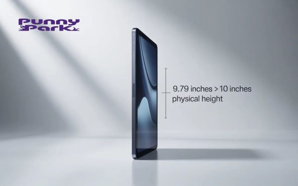 A side profile of a tablet standing vertically. An overlay indicates a physical height of 9.79 inches, slightly less than 10 inches.