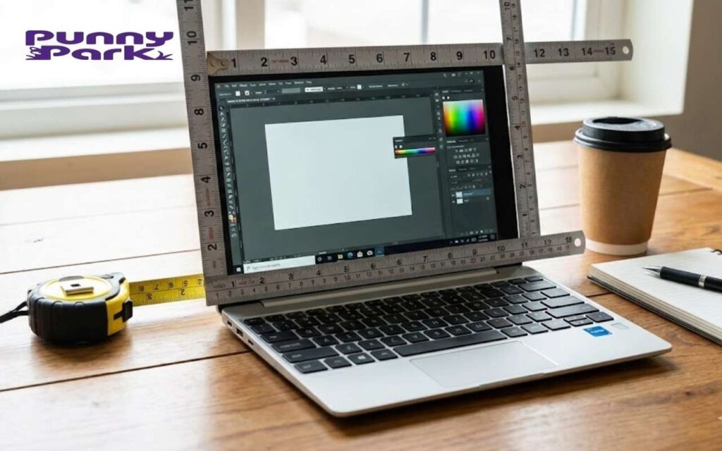 A laptop open on a wooden desk with various measurement tools, including a tape measure and rulers, placed around the screen. The tools indicate the screen's dimensions are roughly 10 inches wide.
