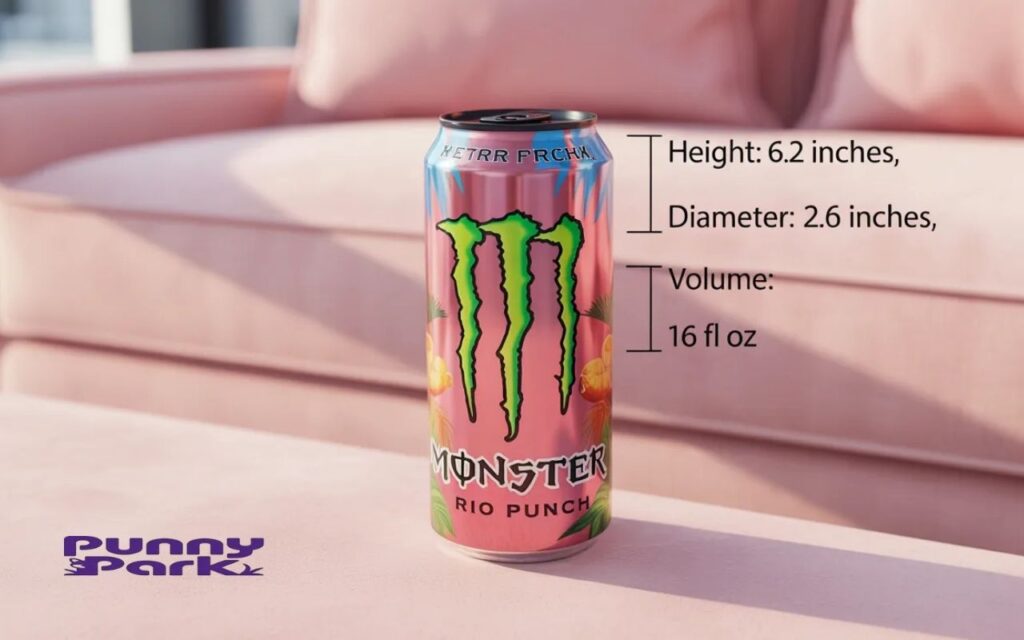 A pink energy can sits on a soft pastel surface against a pink sofa. Floating text to the right of the can displays its height, diameter and volume.