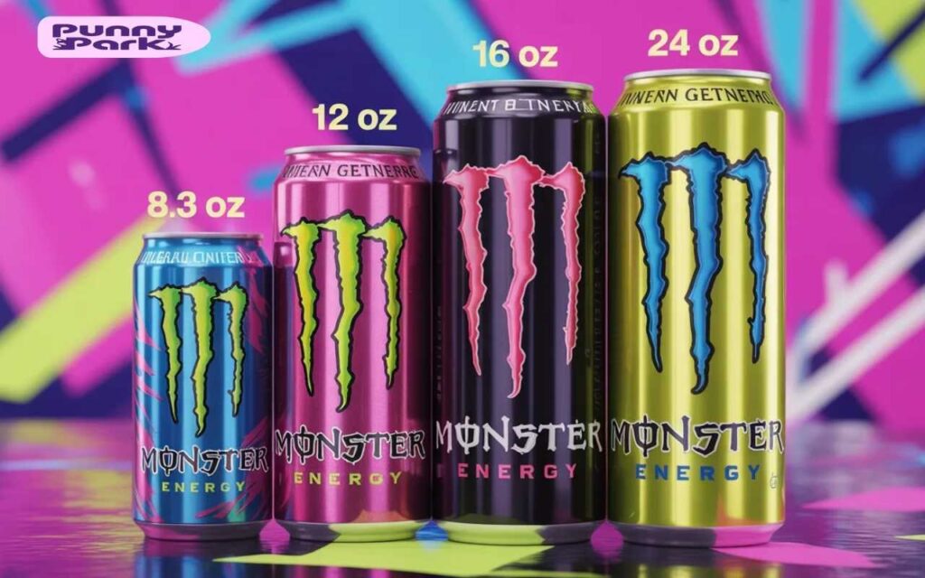 Four Monster Energy cans of varying sizes are lined up against a vibrant funky background. Each colorful can displays the logo and has its respective volume above.