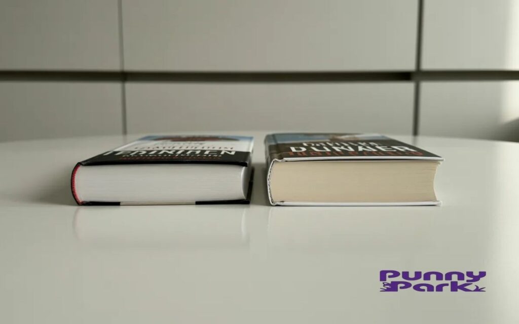 Two thick paperback books, one with a black spine and one with a white spine, lying flat on a white surface. The image highlights the physical depth and thickness of the novels.