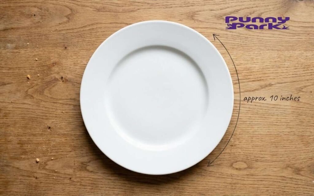 A plain white ceramic dinner plate centered on a wooden tabletop. An arrow following the curve of the rim indicates a diameter of approximately 10inch.
