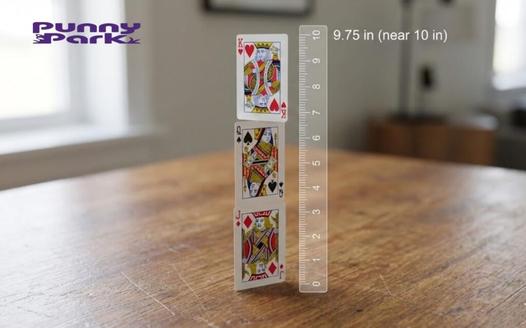 Three standard playing cards stacked vertically on a wooden table, measuring 9.75 inches total on a digital ruler.