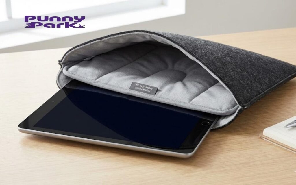 A gray felt tablet sleeve on a desk with a 10inch tablet partially inserted to show its compatibility size.
