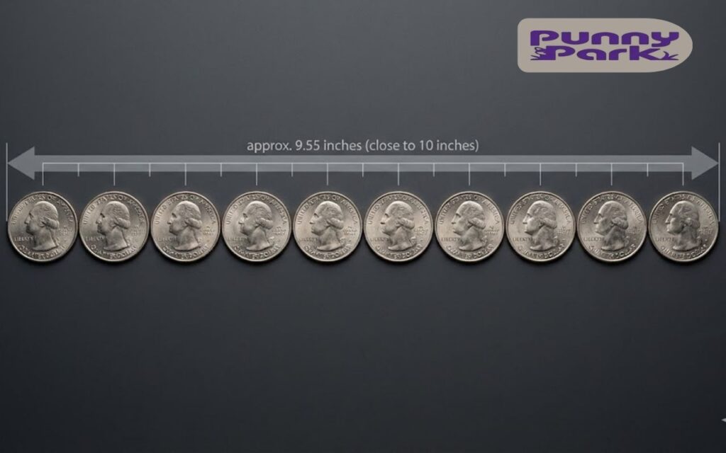 Ten U.S. quarters lined up horizontally on a dark surface. A measurement graphic shows the total length is approximately 9.55 inches.